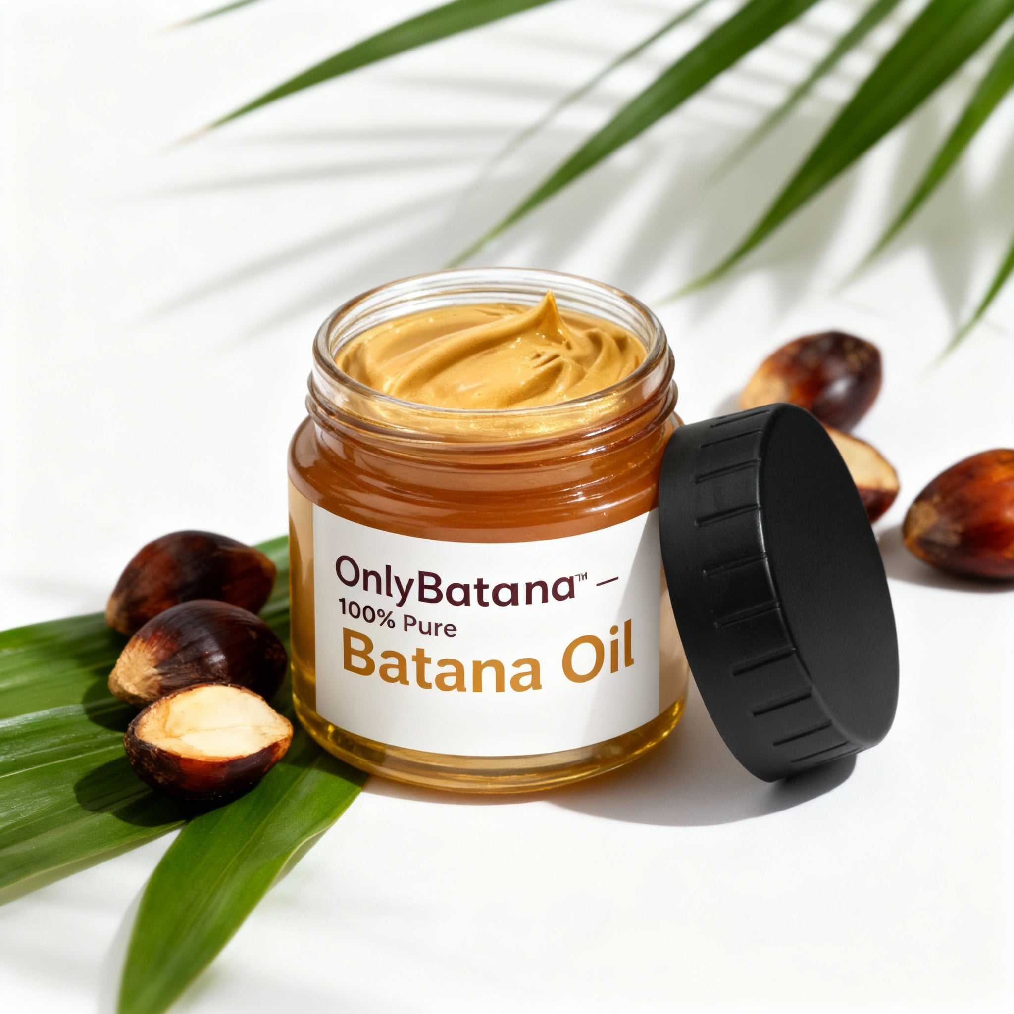 Jar of OnlyBatana banana oil with palm leaves and dates on a white background
